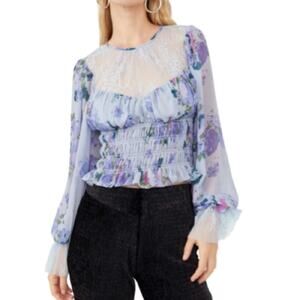 Free People Womens XS Daphne Blouse in Silver Blue Combo NEW